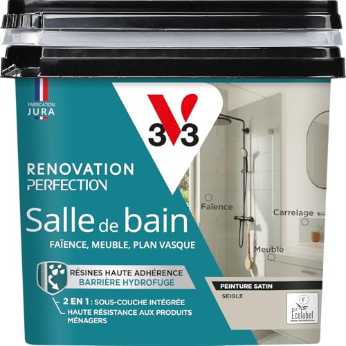 V33 Peinture de rénovation salle de bain, Rénovation perfection Seigle satin 750ml | Haute Adhérence - Barrière Hydrofuge - Sous-Couche intégrée - Ecolabel - Faïence - Meuble - Plan Vasque