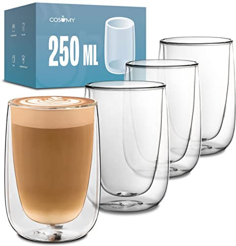 Cosumy 4 Vasos Térmicos de Cristal de Doble Pared de 250 ml para Capuchino - Mantienen la Temperatura - Protegen tus Manos - Con Caja de Regalo