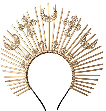 BPURB Gotischer Göttin Sonnengott Halo Krone Damen Mary Halo Stirnband Cosplay Halloween Kopfschmuck Karneval Kostüm Zubehör (Gold)