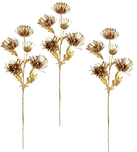 Flair Flower Mini Distelzweig Gold Metallic 3er Set Kunstzweig Pflanze Edeldistel Zweig Weihnachtsdeko Einzelblume Winterblume Kunstblumen Blumen Plastikblumen Kunstpflanze AST,021136GO,75x14x10 cm