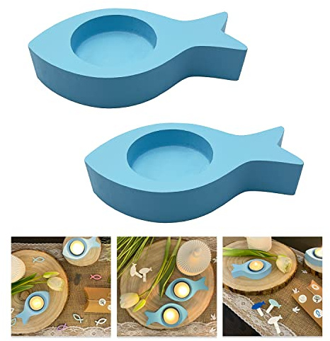 Oblique Unique Teelichthalter Fisch 2er Set aus Holz - Kerzenhalter in Fischform Hellblau - Taufdeko Tischdeko für Taufe Kommunion Konfirmation - Maritime Dekoration mit Teelicht Halter