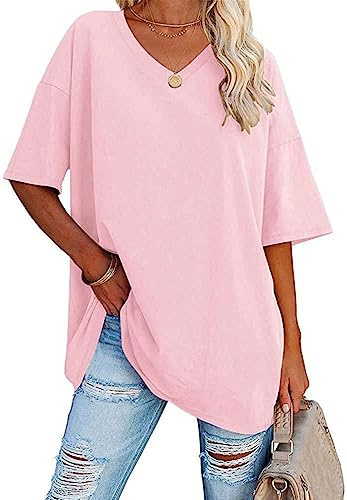 WINKEEY Maglietta da Donna Oversize Estiva a Manica Corta con Scollo a V Allentata t Shirt Basic Tee