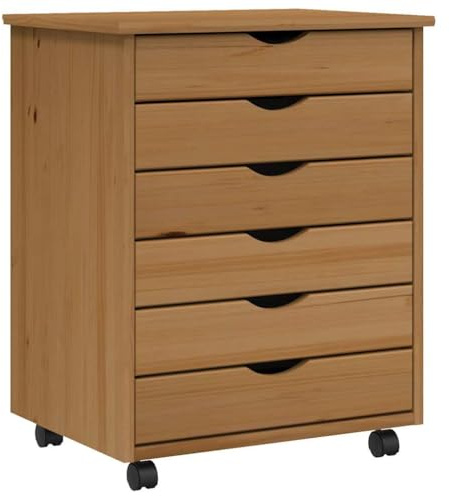 vidaXL Rolling Cabinet with 6 Drawers Honey Brown Solid Pine Wood 20.9X15.4X25.8In Modern Storage Solution Wheels for Home and Office Chest of Filing Trolley Mobile Pedestal File Wheeled On Wooden
