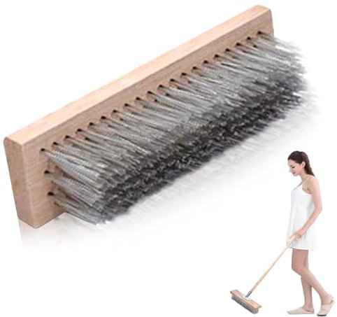 Stainless Steel Deck Scrub Brush with Long Handle,7.9'' Heavy Duty Stiff Metal Bristle Scrubber Broom,Floor Scrubbing Brush Moss Remover Wire Cleaning Brushes for Tile, Deck, Garage, Kitchen, Bathroom