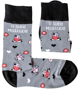 MARRON Y NEGRO - Calcetines ¨Te Quiero Muuuucho - Fabricado en España - Perfectos para Regalos - Divertido - 80% algodón - Unisex