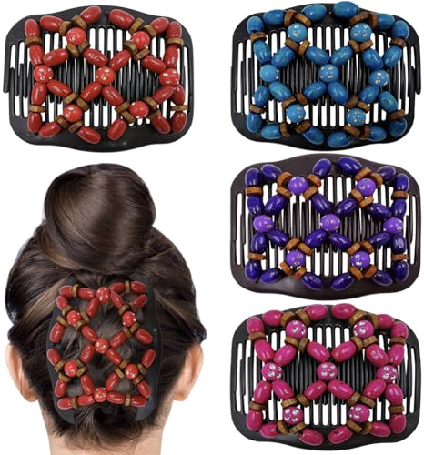 Umibow 4 Stück Dehnbare Magische Haarkämme für Damen Doppelkamm Haarspange Elastische Holzperlen Haarknotenmacher Magische Haar-Seitenkämme für Lockiges Dickes Welliges Haar