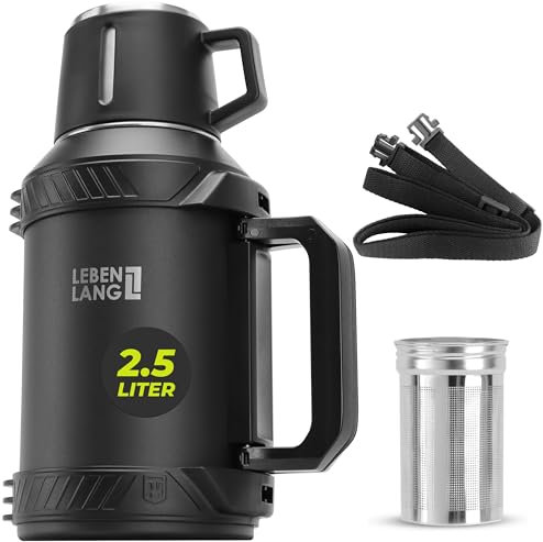 LEBENLANG termos caffè da 2,5 litri - 24 ore di calore Incluso bicchiere, filtro per tè e tracolla I Thermos caffe Bottiglia termica Borraccia acciaio inox 2.5 L Thermos bevande calde con bicchiere