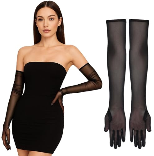Long Black Sheer Gloves, Lace Opera Gloves Mesh Women Formal Glove Tulle Glove 1920s Accessories Tea Party Accessories Flapper Prom Accessories for Women Bridal Wedding (21.65 inch)
