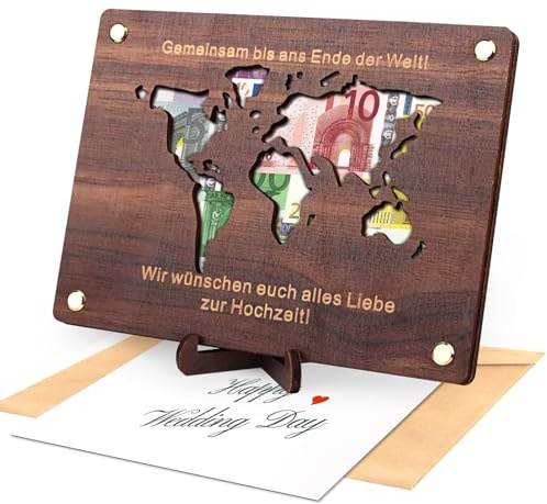 Geldgeschenk Hochzeit, Weltkarte Bilderrahmen Geldgeschenk, Hochzeit Geschenke mit Ständern Briefköpfe, Dekorative Geschenkkarte Holz, Personalisierte Weltkarte für Brautpaar (Braun)
