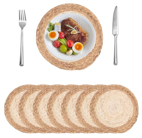 Juego de 8 manteles individuales redondos de ratán bohemio de 12 pulgadas para platos de cena, manteles individuales de jacinto de agua natural para decoración de comedor
