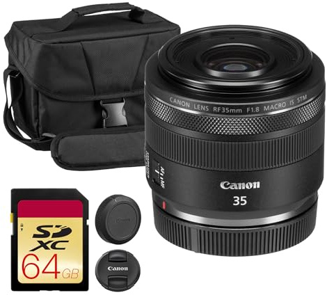 Canon RF 35mm f/1.8 Macro is STM Lens – Compact Wide-Angle Prime with f/1.8 Aperture, Image Stabilization & 1:2 Macro Focus (2973C002) + Shoulder Bag + 64GB Memory Card