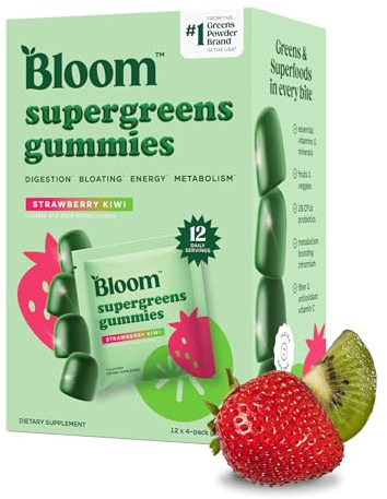 Bloom Super Greens Gummies, Daily Greens Superfood Fiber Gummies with Fruits, Vegetables, Vitamins & Minerals for Digestive & Gut Health, Bloating Support, Strawberry Kiwi, 12 Servings (48 Total)