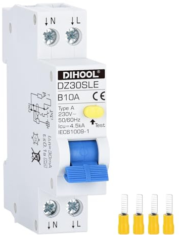 DIHOOL 10A Interruttore di Protezione FI LS 30mA 0.03 Bipolare RCBO B10A Interruttore Anticorrente di Guasto Larghezza 18mm Collegamento Bidirezionale