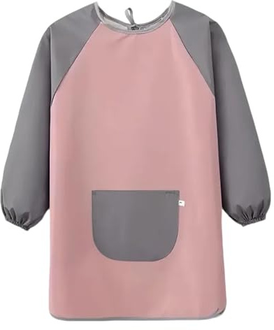 Malschürze Kinder, Rosa und Grau Malkittel Kinder 8-10 Jahre mit Big Taschen, Wasserdicht Kinderschürze für Schule, Malen, Malerei und Kochen, Malkittel Schule 1. Klasse für Körpergröße 7-12 Jahre