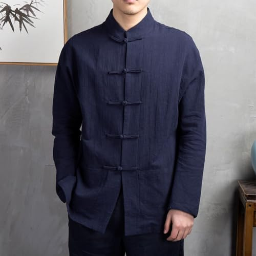 Manteau chinois pour homme Kung Fu Tai Chi Tang Costume Uniforme Veste Chemise à manches longues boutonnée pour le printemps et l'automne Vêtements décontractés (L Bleu marine)