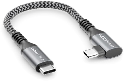 deleyCON 0,15m Cable USB-C 100W 10 Gbps Corto Ángulo 90 Grados (USB 3.2 Gen2) PD 3.0 Carga Datos 4K@60Hz para iPhone 17 16 15 Galaxy A16 A26 A56 S26 S25 S24 iPad SSD HDD MacBook PS5