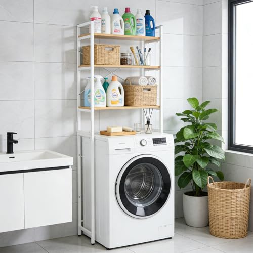 Hocamel Estantería para lavadoras, estantería de madera de 3 niveles sobre el inodoro, organizador de ahorro de espacio, ahorra espacio en el baño, fácil de montar, color blanco, 70 x 30 x 181 cm