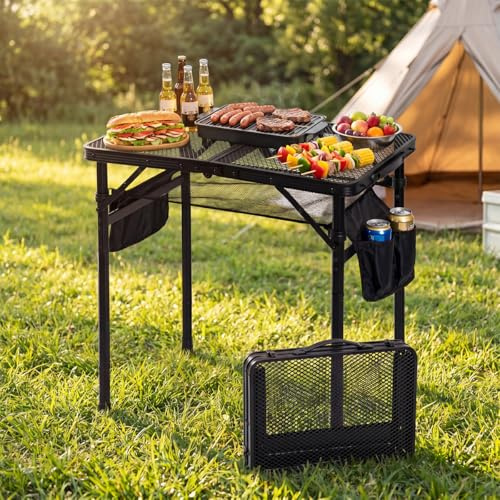 SEHAUSEU Mesa de Camping para Barbacoa 60X40 cm Mesa de Camping Plegable portátil y Ligera Superficie de Malla Pequeña Mesa para Grill Ideal para Camping BBQ RV y Picnic