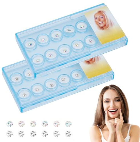 Adornos dentales de cristal de 2 mm, 20 unidades, con purpurina, para dientes y uñas (2 cajas, blanco + color).