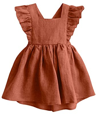 Vestido niña pequeña algodón Lino Liso Volantes, Espalda Fuera Princesa Verano Fresco