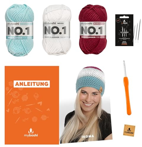 myboshi Häkelset Mütze Ikoma für Anfänger, inkl. No.1 Wolle, Häkelnadel, Wollnadeln, Anleitung, Label, Mützen-Häkelpaket, 30% Merinowolle Rot mit Häkelnadel