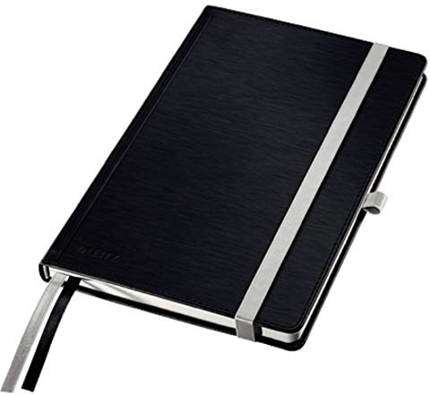Leitz Notizbuch A5 blanko, 160 Seiten, 80 Blatt, Hardcover mit hochwertigem Bezug, 100 g/m² Papier, Gummizugverschluss, Textilbänder, Stiftelasche, Mit Tasche, Style Serie, Satin Schwarz, 44520094