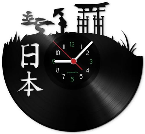 GRAVURZEILE Wanduhr aus Vinyl - Japan Upcycling Design - Handmade Vintage-Uhr - Wanddekoration im Retro-Design für Japan-Fans - Geschenk für Sie & Ihn - Made in Germany