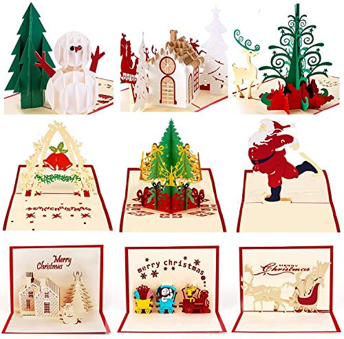 HBlife 9 Pack 3D Christmas Cards Pop Up Holiday Postcards Greeting Handmade Holiday Xmas Cards & Envelopes for New Year