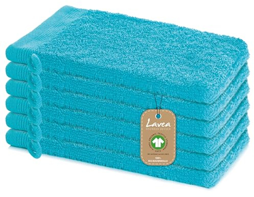 Lavea® 6er Set Waschlappen 16 x 22 cm, Bali Waschhandschuhe Frottee, Waschandschuhe für Gesicht und Körper, kleine Handtücher, 100% GOTS Bio-Baumwolle, Premium Frottier Gesichtshandtücher, Türkis