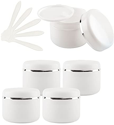 TIANZD 5 Stück Leere Kleine 250 ml Weiß Kunststoff Schraubdose Cremedose Dosen Gel Tiegel mit Silberband Deckel Kosmetik Behälter Salbe Kosmetikbehälter Leerdose mit 5 Stück Löffel