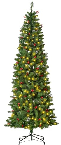 HOMCOM 7FT Prelit Artificial Pencil Christmas Tree with Warm White LED Light, Red Berry, Holiday Home Xmas Decoration, Green