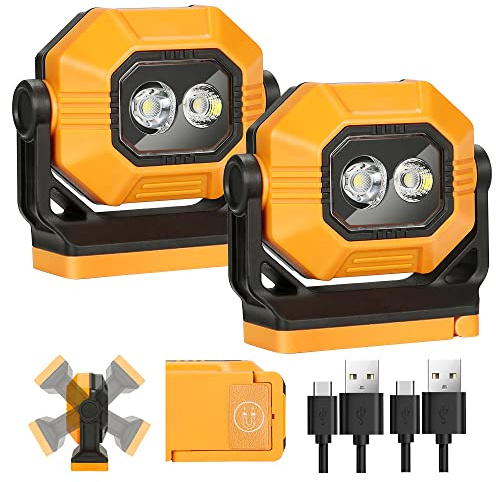 Easymaxx LED Rechargeable Work Light, 2Pack 1500LM Portable COB Magnetic Lights with 3 Modes & 360°Rotatable, IPX4 Waterproof Worklight for Car Repairing, Job Site Lighting, Emergency (2 PCS)