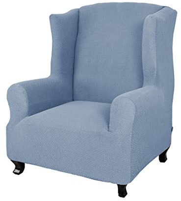 YOPOIY Hohe Dehnung weich dick Ohrensessel Überzug Klein Karierter Jacquard-Strickstoff Husse für Ohrensessel 1 Stück rutschfest für Sessel -hellblau-