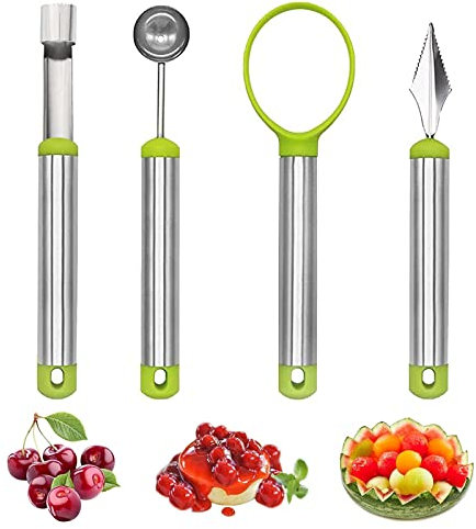 Juego de herramientas de fruta, 4 piezas cortadores de frutas bolas de acero inoxidable cuchara de melón cuchara de melón utensilios de cocina juego para ensaladas de frutas DIY