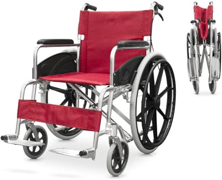 QUIRUMED Carrozzina pieghevole in alluminio, con freni, Leggera, Poggiapiedi pieghevole, Seduta 46 cm, Anello anatomico, Per anziani, Per disabili