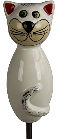 Manufaktur Lichtbogen Gartenfigur Katze aus Keramik weiß 17 cm hoch Dekofigur für Stab Gartenkeramik