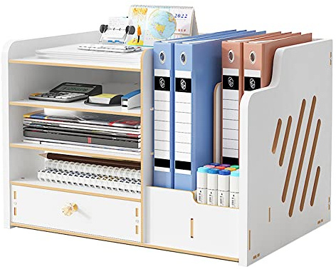 NUODWELL Schreibtisch-Organizer aus Holz, große Kapazität, Schreibtisch-Datei-Organizer, Bürobedarf, Aktenregal für A4-Papiere, Stifte, Bücher, Briefe und Dokumente (jb07-3 weiß)
