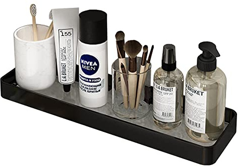 Biutimarden Duschablage Ohne Bohren Badregal Glasregal Wandbefestigung Badregal Rechteckiges 8MM Hartglas Selbstklebend Space Aluminum für Badezimmer Küche Badezimmer Zubehör 40CM Schwarz
