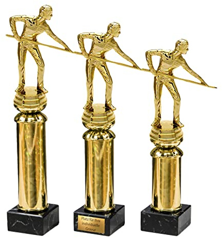 eberin · Billard Pokal mit Gravur · Billard Cup · Billard Wanderpokal · Billardspieler mit Queue auf Goldsäule/Marmor schwarz · Auszeichnung · Pokal in 3 Größen erhältlich ·
