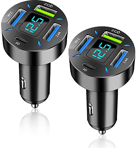 Car Charger 66W Super Fast Charging with USB C&QC 3.0(Voltmeter&LED Lights) Universal Quick Charge for 12-24V Car Cigarette Lighter Plug,Compatible with iPhone 14 13,S22,iPad(2Pcs-Black-QC/PD/2.4A)