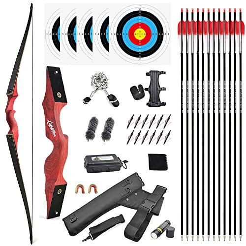 SHARROW 60 Bogenschießen Langbogen Traditioneller Jagdbogen Takedown Recurve Bogen und Pfeile Set Erwachsener Longbow 20-60lbs Rechtshänder und Linkshänder (60lbs, Rechte Hand:Rot)