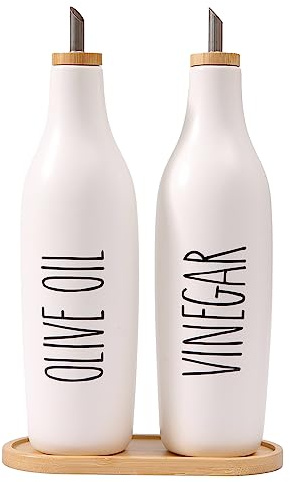 HOMCDALY Olive Oil and Vinegar Dispenser Set, 16oz Ceramic Oil Dispenser for Kitchen, Kitchen Dispenser Bottle for EVOO Vinegar Syrups, Modern Farmhouse Design | Set of 2 – P-White