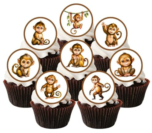 Cute Monkey Edible Cupcake Toppers – Jungle Animal Cake Decorations for Safari & Zoo-Themed Parties – 4cm/1.5 Inch PRECUT (Pack of 24)