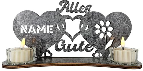 Waluna® Geburtstagsgeschenk Teelichthalter personalisiert mit Name und Alter oder Datum Herzen Alles Gute zum Geburtstag Deko in 12 Farben kerzenhalter Gechenk Tischdeko (Alles Gute)