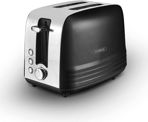 Tower, T20080BLK, Ash 2-Slice Toaster with 7 Browning Levels, Defrost/Reheat/Cancel, 925W, Black & Chrome