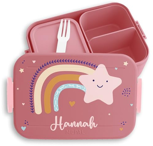 Kinder Bento Box Midi Lunchbox für Mepal Bentobox - Regenbogen Sternschnuppe Stern mit Name personalisiert - 900 ml - Rosa - vesperdose brotdose mädchen schule rainbow star kindergarten geschenke