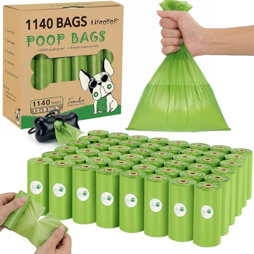 Lifegogo Dog Poop Bags 1140 Count (57 Rolls), Unscented Leak-Proof Waste Bag, 13x9 Green Doggy Poop Bags with Bone-Shaped Dispenser, Extra Thick & Easy Detach