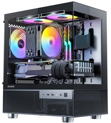 Okinos Aqua 3, Micro ATX Case, MATX PC Case with 3 X 120mm 3-Pin ARGB Fan Pre-Installed, Panoramic View Tempered Glass Front & Side Panel, with Type C Port, Black