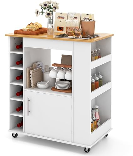 COSTWAY Desserte de Cuisine sur roulettes, Chariot Ilot de Cuisine Comptoir en Bambou, Casier à Vin pour 6 Bouteilles, Support à Épices, Roues Verrouillables, 44 x 76 x 89 cm (Blanc)