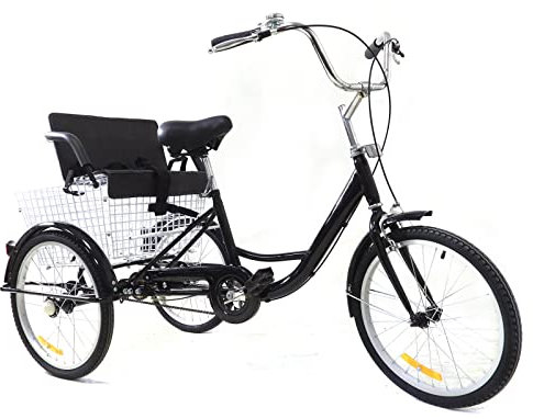 Jolre 20-Zoll-Dreirad für Erwachsene, Freizeit-Dreirad, Fahrrad für Erwachsene, Cruising-Dreirad mit Kindersitz und Einkaufskorb, schwarz.
